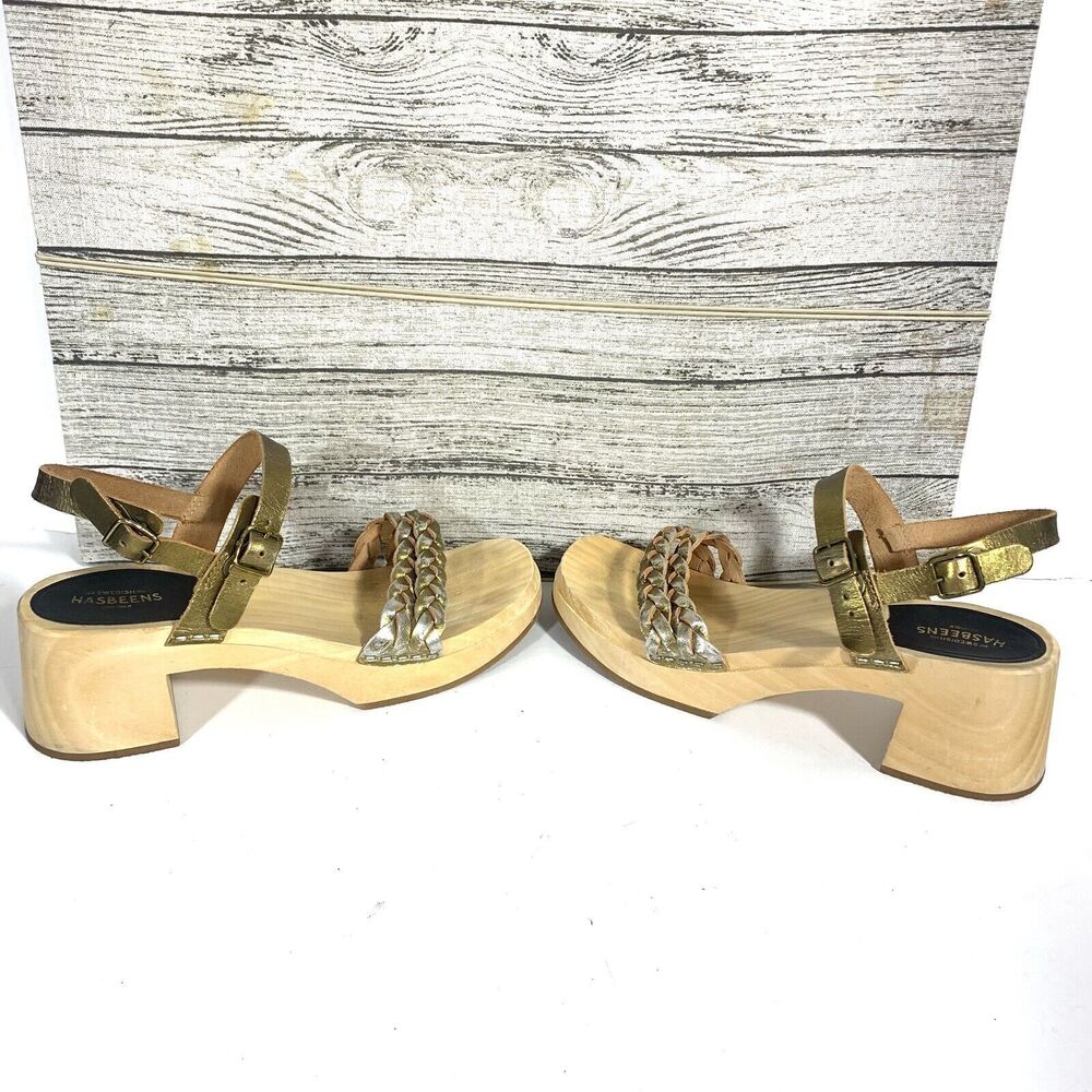 Swedish Hasbeens Leather Braided Platform High Heels Wooden Size 40 EU Or 9 US
